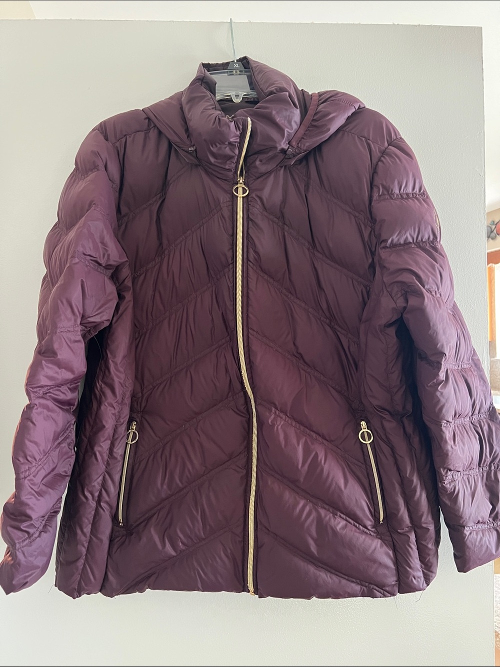 MICHAEL Michael Kors Down Fill Quilted Puffer Jacket in Plum with Gold Zippers